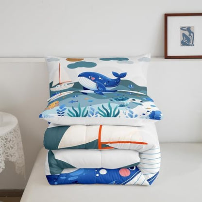 Homewish Cute Whale Comforter Set Queen Size,Cartoon Ocean Animals Bedding Set for Kids Girls Boys Teens Room Decor,Blue White Grey Stripes Quilt Set Turtle Octopus Fish Duvet Insert,2 Pillowcases