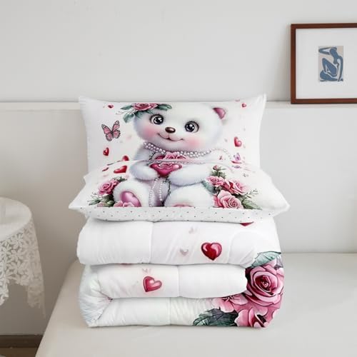 Feelyou Kids Cute Bear Comforter Set King Size Rose Butterfly Love Heart Bedding Set Boys Girls Flowers Floral Quilt Set Cartoon Kawaii Animal Pattern Bed Set