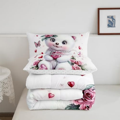 Feelyou Kids Cute Bear Comforter Set King Size Rose Butterfly Love Heart Bedding Set Boys Girls Flowers Floral Quilt Set Cartoon Kawaii Animal Pattern Bed Set