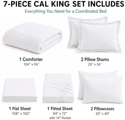 HIMEET California King Comforter Set, 7-Piece Seersucker Bed in a Bag White