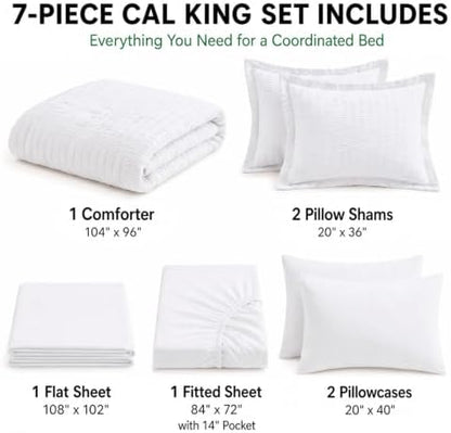 HIMEET California King Comforter Set, 7-Piece Seersucker Bed in a Bag White