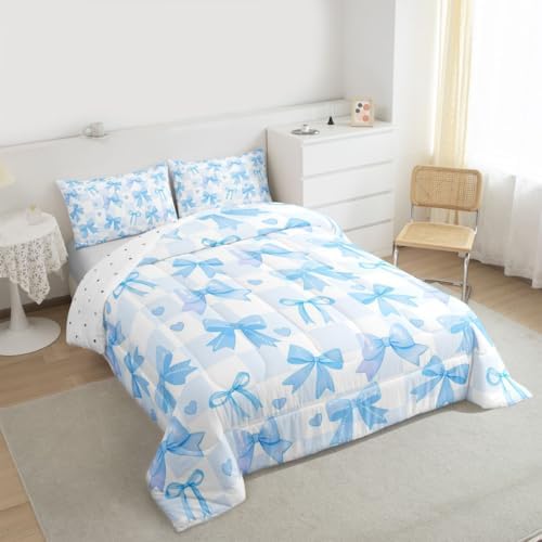 jejeloiu Watercolor Bow Comforter Set Queen Size Blue Bow Bedding Set for Kids Boys Girls Dreamy Princess Style Duvet Quilt Bedroom Decor Microfiber 3 Pcs with 2 Pillow Cases