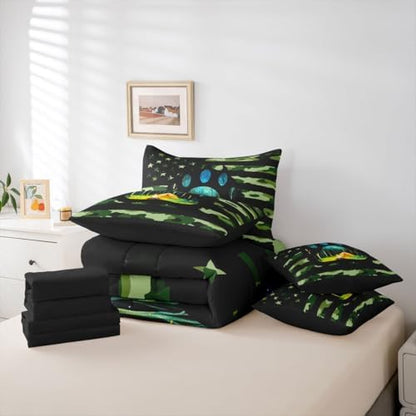 Erosebridal American Flag 7 Pieces Bedding Set Army Green Camo Full Comforter Set for Boys Girls Bear Claw Hunting Theme Bed in A Bag with Flat and Fitted Sheet Camoflage Camping Campfire Bed Set