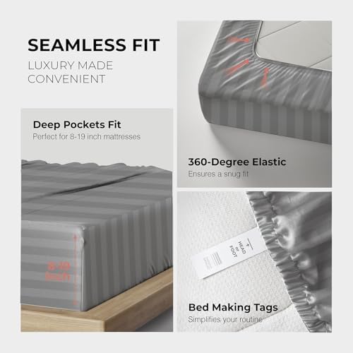 THREAD SPREAD Egyptian Cotton Sheets King Size - 1200 Series Plush Collection Damask Sheet Set Egyptian Cotton (4 PC, Dark Grey Stripe), Luxury Sheet King Size, Soft, Cooling Deep Pocket Sheets
