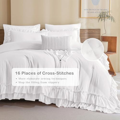 Masaca Ruffle Comforter Full Size,3 Pieces Farmhouse Shabby Boho Chic Bedding Sets Full,Netural White Ruffled Vintage Rustic French Country Bedding Comforter Set for All Season