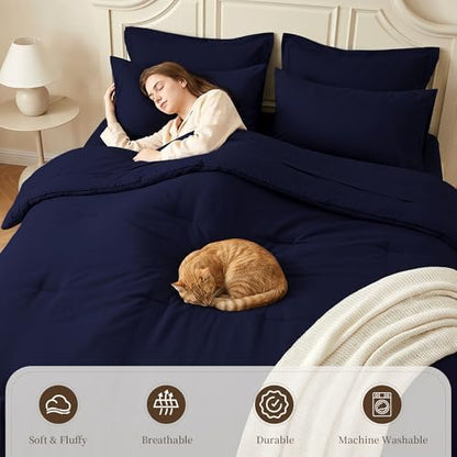 California King Comforter Set 7 Pieces - Ultra-Soft Bed in a Bag, Cozy Luxury All Season Bedding Sets with Comforter, Flat Sheet, Fitted Sheet, 2 Pillow Shams & 2 Pillowcases, Navy Blue