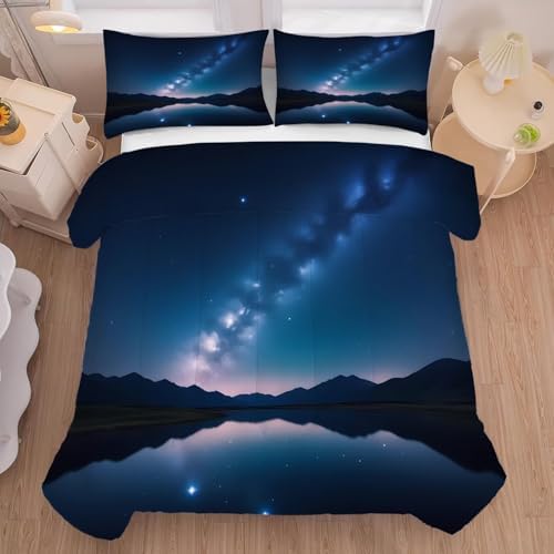 Galaxy Comforter Set Twin Size Space Bedding for Kids Girls Boys Water Lake Night Stars Moon Bedroom Decor Quilt Bed Sets, 1 Comforter 1 Pillowcase