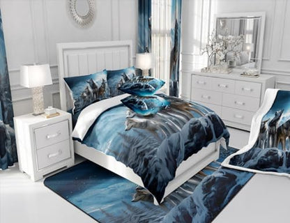 3D Wolf Comforter Set Queen Size,Wild Animals Bedding Set 3Pcs for Kids Boys Men Adult Bedroom Decor,Winter Mountain Scenery Quilt Set Nature Theme Luxury Blue Grey Duvet Insert,2 Pillowcases