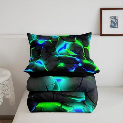 Feelyou Kids Honeycomb Bedding Set King Size, Blue Green Hexagonal Duvet Insert Geometrical Comforter Set Boys Girls Teens Bedroom Decor Microfiber Bed Set
