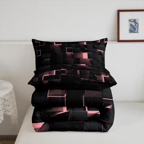 Erosebridal Pink and Black Comforter Set King Neon Geometric Checkered Bedding Set for Kids Girls Teen,Tereoscopic Grids Comforter Square Plaid Quilt Duvet Room Decor 3 Pcs