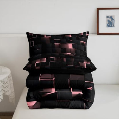 Erosebridal Pink and Black Comforter Set King Neon Geometric Checkered Bedding Set for Kids Girls Teen,Tereoscopic Grids Comforter Square Plaid Quilt Duvet Room Decor 3 Pcs