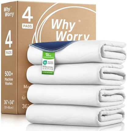 WhyWorry Washable Bed Pads for Adult Incontinence, 34"x36", White, 4 Count