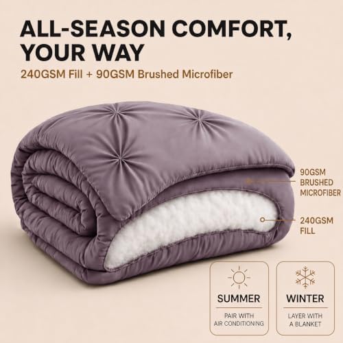 HIMEET King Size Comforter Set Dusty Purple - 7 Pieces Pintuck Bed in a Bag