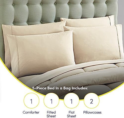 Sweet Home Collection 5 Piece Comforter Set Bag Solid Color All Season Soft Down Alternative Blanket & Luxurious Microfiber Bed Sheets, Beige, Twin