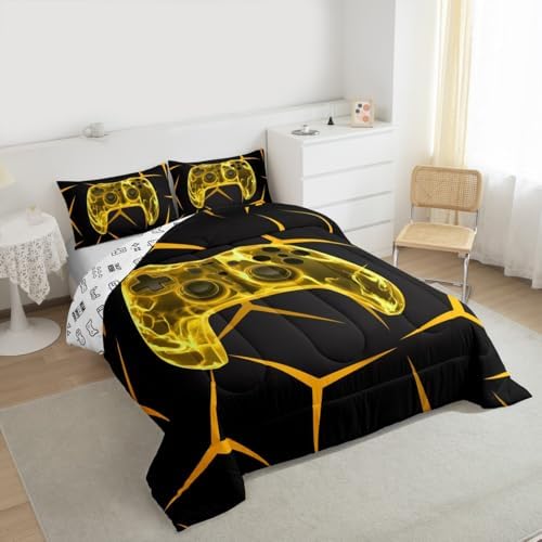 Castle Fairy Video Game Controller Yellow 3 Pcs Comforter/Duvet Set,Geometric Gaming Honeycomb Ultra Soft Bed Collection,Gamepad Bedding for Room Decor 3 Pcs,Microfiber Breathable,King