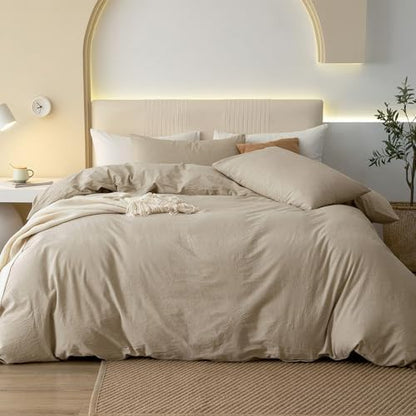 JIYUAN Full Washed Cotton Duvet Cover Set, 3-Piece, Relaxed Linen Feel