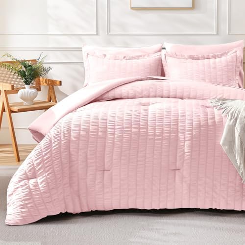 FreshCulture Twin Size Comforter Set Seersucker 5 Pieces, All Season Bedding Set Twin, Soft Bed in a Bag Comforter Set with Comforter, Flat Sheet, Fitted Sheet, Pillowcase and Pillow Sham, Pink