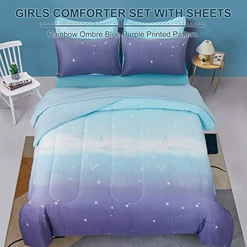 Dinjoy Girls Comforter Set Full Size Colorful Ombre Blue Purple Rainbow Bedding Set Bed in A Bag for Kid Teen Girls 7 Pieces (1 Comforter, 1 Flat Sheet, 1 Fitted Sheet, 2 Pillow Shams, 2 Pillowcases)