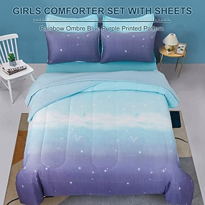 Dinjoy Girls Women Comforter Set King Size Ombre Blue Purple Rainbow Bedding Set 7 Pieces Bed in A Bag for Teen Adult (1 Comforter, 1 Flat Sheet, 1 Fitted Sheet, Pillow Shams & Pillowcases)