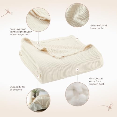 100% Cotton Organic Muslin Throw Blanket for Adults GOTS & Fairtrade Certified Organic Cotton - Couch Living Room and Bedroom Decor - 4 Layer Super Soft and Cozy (Natural, Queen)