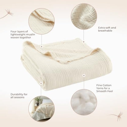 100% Cotton Organic Muslin Throw Blanket for Adults GOTS & Fairtrade Certified Organic Cotton - Couch Living Room and Bedroom Decor - 4 Layer Super Soft and Cozy (Natural, Queen)
