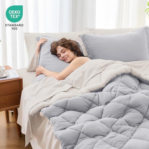 MUXHOMO 7 Pieces Oversized King Comforter Set, Reversible Bed in a Bag Oversized King Size, All Season Bedding Set with Comforter, Flat Sheet, Fitted Sheet, Pillowcases & Shams, Light Grey & Beige