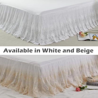 Brandream Luxury White Lace Bed Skirt 18 Inch Drop King Size Split Corners
