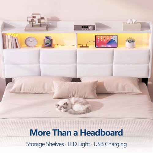 Garvee King Size Headboard Only with 2-Tier Storage,Charging Station,White