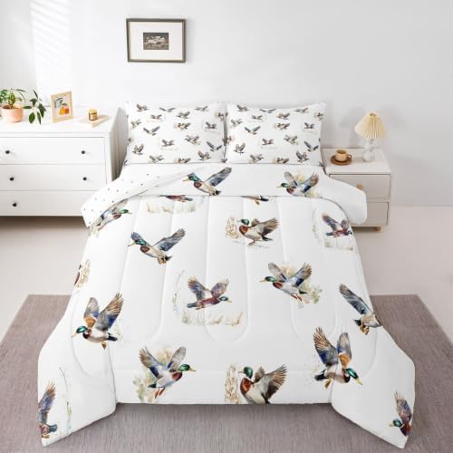 Feelyou Mallard Duck Comforter Set Queen Size Duck Hunt Bedding Set for Kids Boys Girls Wild Duck Hunting Duvet Quilt Wild Animal Bedroom Decor Microfiber 3 Pcs with 2 Pillow Cases