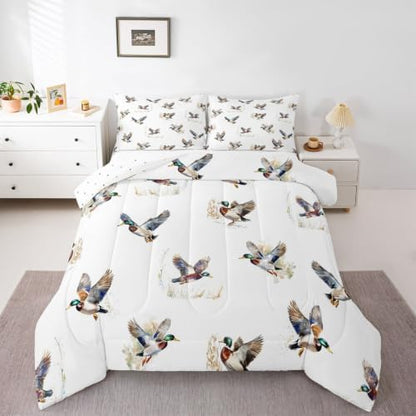 Feelyou Mallard Duck Comforter Set Queen Size Duck Hunt Bedding Set for Kids Boys Girls Wild Duck Hunting Duvet Quilt Wild Animal Bedroom Decor Microfiber 3 Pcs with 2 Pillow Cases