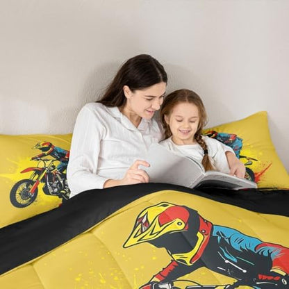 Feelyou Bright Yellow Motocross Kids Comforter Set Queen Colorful Rider Bedding Set Splatter Print Duvet Quilt for Kids Boys Girls Bedroom Off-Road Racing Decor Dirt Bike Ultra Soft Breathable