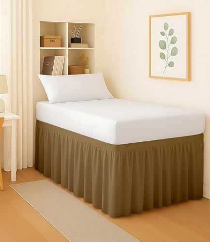 Dorm Bed Skirt Twin XL 28 Inch Drop, Easy to Install Extra Long Wrap Around Elastic Dust Ruffle, Bedskirt Solid Silky Fabric Machine Washable, Ruffled College Dorm Room Taupe