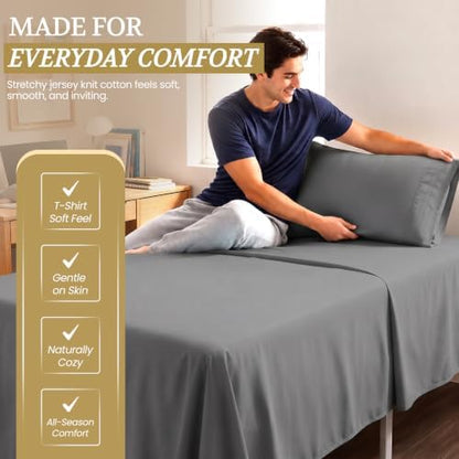 Twin XL Cotton Knit Jersey Sheet Set, 15" Deep Pocket, Light Grey, 3Pc