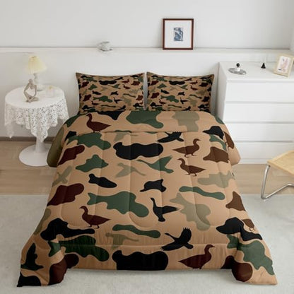 Feelyou Green Camo Comforter Set King Size Duck Hunter Bedding Set,Kids Girls Boys Adult Room Black Brown Camouflage Hunting Quilt Set Army Colorful Duvet Insert 1 Comforter and 2 Pillow