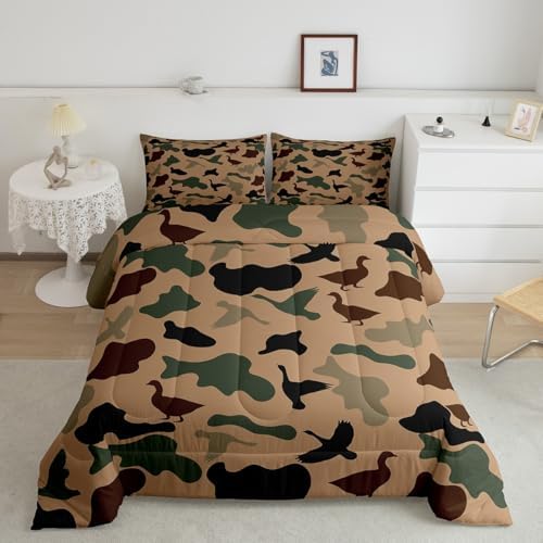Feelyou Green Camo Comforter Set Toddler Size Duck Hunter Bedding Set,Kids Girls Boys Adult Room Black Brown Camouflage Hunting Quilt Set Army Colorful Duvet Insert 1 Comforter and 1 Pillow