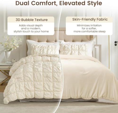 Amélie Home Queen Bubble Comforter Set, Soft, Beige, 3-Piece