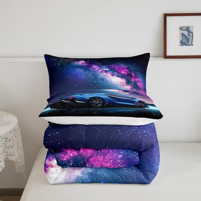 Feelyou Galaxy Car Comforter Set Blue Race Car Bedding Set for Kids Boys Girls Teens Universe Starry Sky Sports Car Comforter Extreme Sports Design Quilt Room Decor 3Pcs Queen Size Boys