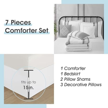 LANCO MODERN LIFESTYLE 7 Piece Comforter Set, Grey White, Queen Size, Boho Style Geometric Microfiber Embroidery, Bed in a Bag with Bedskirt, Pillow Shams and Decor Pillows