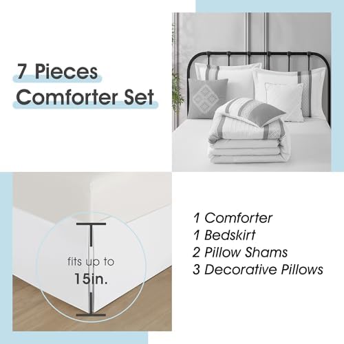 LANCO MODERN LIFESTYLE 7 Piece Comforter Set, Grey White, California King, Boho Style Geometric Microfiber Embroidery, Bed in a Bag with Bedskirt, Pillow Shams and Decor Pillows