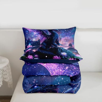 Feelyou Dragon Kids Comforter Set King Size Dragon Stuff Bedding Set Wild Life Duvet Quilt for Kids Boys Girls Bedroom Magic Wildlife Decor Blue Purply Ultra Soft Breathable