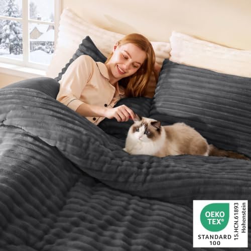 CozyLux Fleece King Size Comforter Set, 3 Piece Warm Dark Grey Bedding