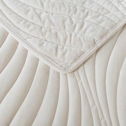 HoneiLife Quilt Set Queen Size - Velvet Quilt Sets 3-Pieces, Stripe Bedspread for Queen Beds, Queen Quilt Bedding Sets All Season Quilts- Nature White