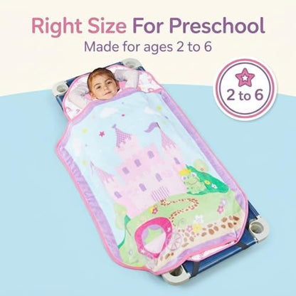 EVERYDAY KIDS Cute Preschooler and Toddler Cot Nap Mat for Home, Daycare, Preschool and Kindergarten; Easy to Roll Sleeping Mat with Elastic Straps, Pillow and Blanket