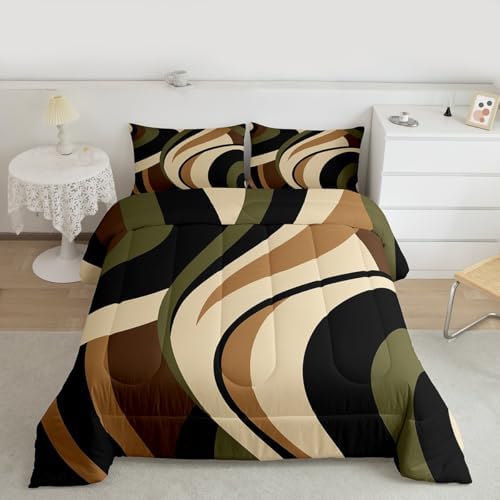 Castle Fairy Stripes Comforter Set King Size Brown Black Green Swirls Bedding Set 3pcs for Kids Boys Men Room Decor Vintage Abstract Styles Quilt Set Microfiber Duvet Insert with 2 Pillowcases