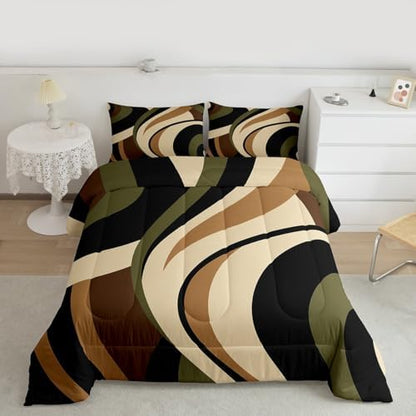 Castle Fairy Stripes Comforter Set King Size Brown Black Green Swirls Bedding Set 3pcs for Kids Boys Men Room Decor Vintage Abstract Styles Quilt Set Microfiber Duvet Insert with 2 Pillowcases
