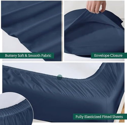 Cooling Sheets Set Full Size, Viscose Derived from Bamboo for Hot Sleepers | Deep Pocket Up to 15 Inch | Silky Soft & Breathable Bedding - 4PC (Full, Navy)