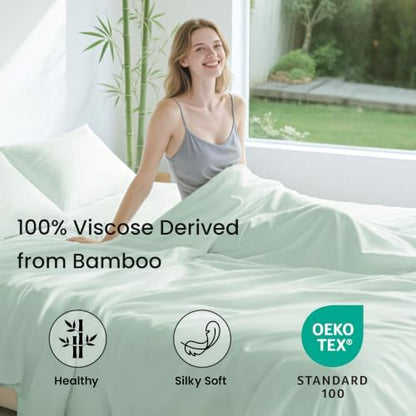 Love's cabin 4 Piece California King Size Sheet Set, 100% Rayon Derived from Bamboo, Cooling & Breathable, Soft Silky Deep Pocket up to 16", Hotel Luxury Bedding for Hot Sleepers, Sea Glass