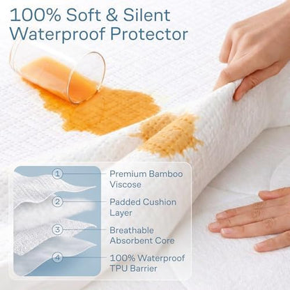 100% Waterproof Twin Mattress Protector - 360 Pad Protection Against Spills, Stains & Accidents for Parents & Pet Owners - Noiseless & Cooling Viscose Made from Bamboo (White)