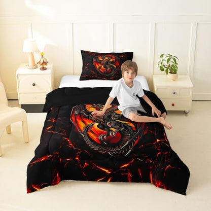 Feelyou Dragon Comforter Set Toddler Size Wild Life Bedding Set for Kids Boys Girls Jungle Dragon Duvet Quilt Black Red Bedroom Decor Microfiber 2 Pcs with 1 Pillow Cases