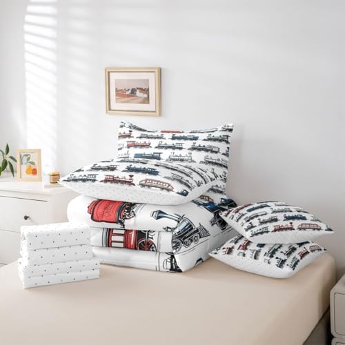 Feelyou Retro Train Comforter Set Twin Size 7 Pcs Bedding Set Boys Girls
